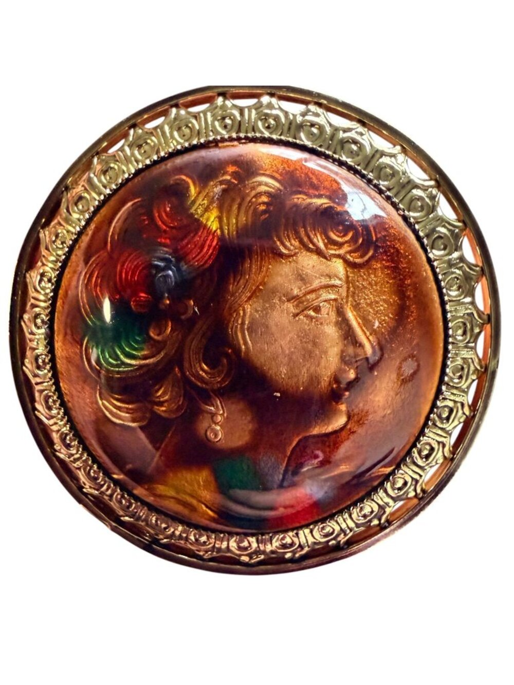 Vintage 1950s Reverse Carved Lucite Renaissance Lady Brooch New Old Stock